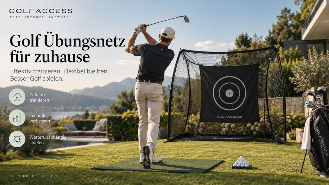 Golfer beim Training mit Golf Übungsnetz im Garten