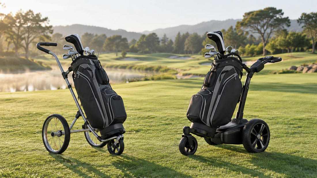 Manueller Golf Trolley und Elektrotrolley im Vergleich auf dem Golfplatz