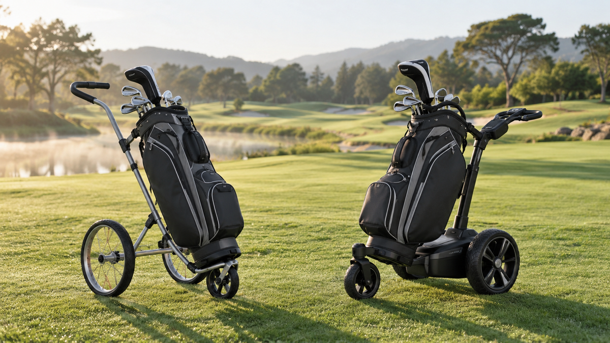 Manueller Golf Trolley und Elektrotrolley im Vergleich auf dem Golfplatz