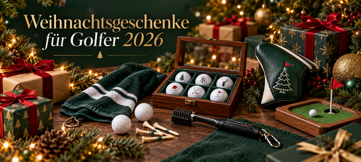 Weihnachtsgeschenke für Golfer 2026: Golfbälle, Golfhandtuch, Golf-Tees und Golf Accessoires festlich arrangiert
