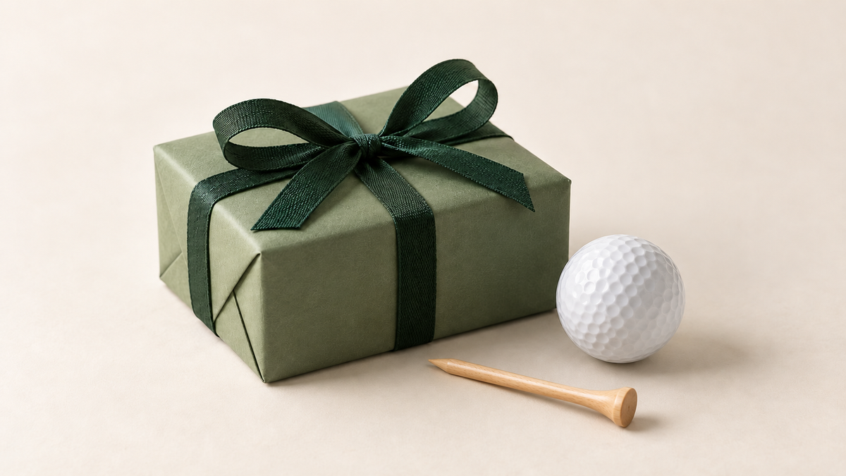 Geburtstagsgeschenk für Golfer: salbeigrüne Geschenkbox mit dunkelgrüner Schleife, weißem Golfball und Holztee.