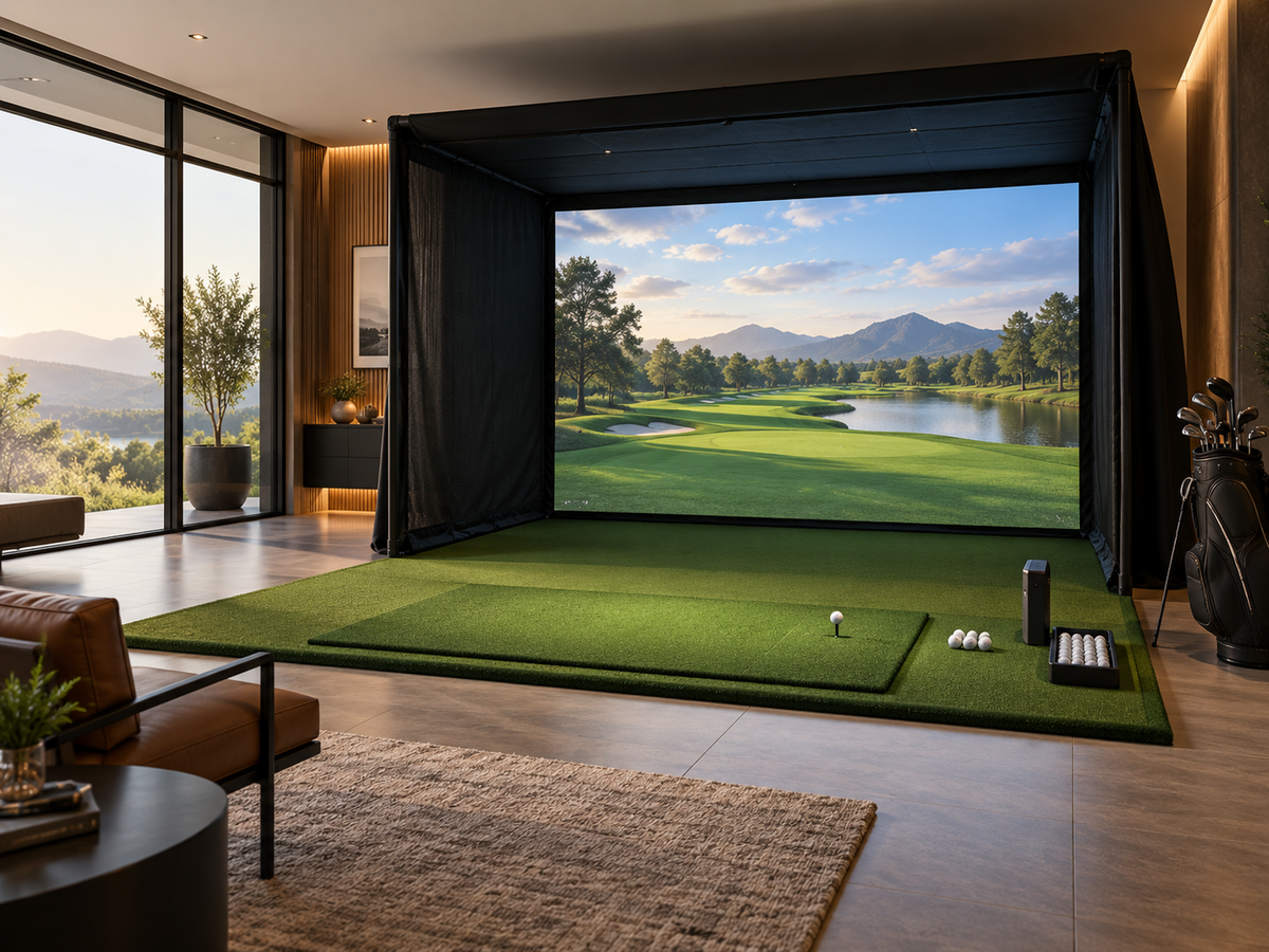 Moderner Heim-Golfsimulator mit Impact Screen, Schlagmatte und Indoor-Golf-Equipment