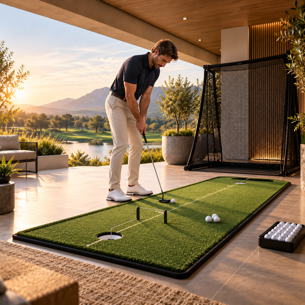 Golfer beim Putting-Training auf einer modernen Trainingsmatte für Golftraining zuhause