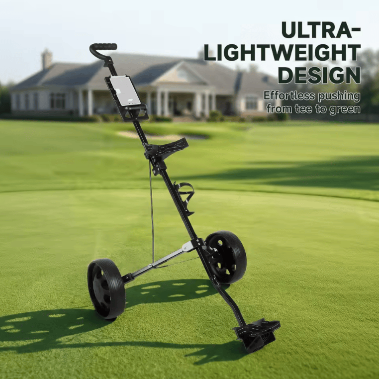 Leichter golftrolley zum Ziehen en Schieben op dem golfbaan