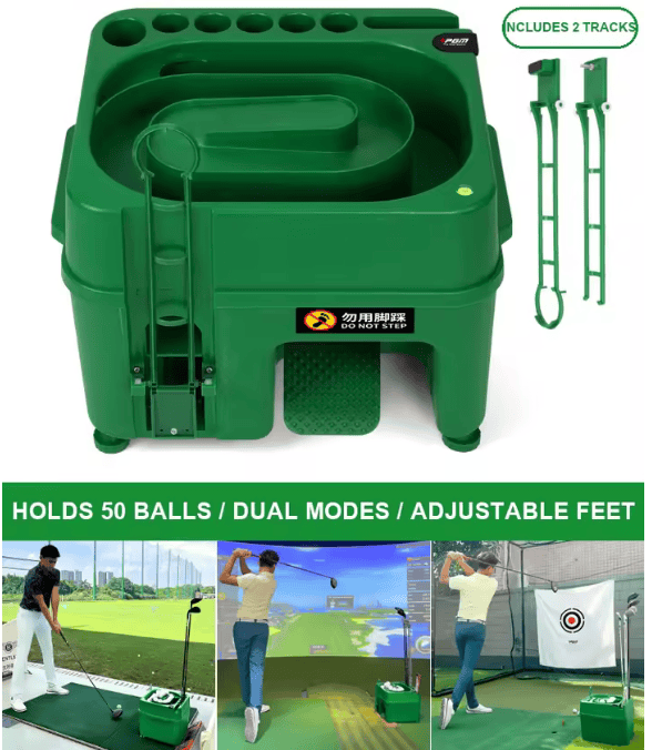 Golfballspender mit Smartphone-Halter und sechs integrierten Schlägerhalterungen