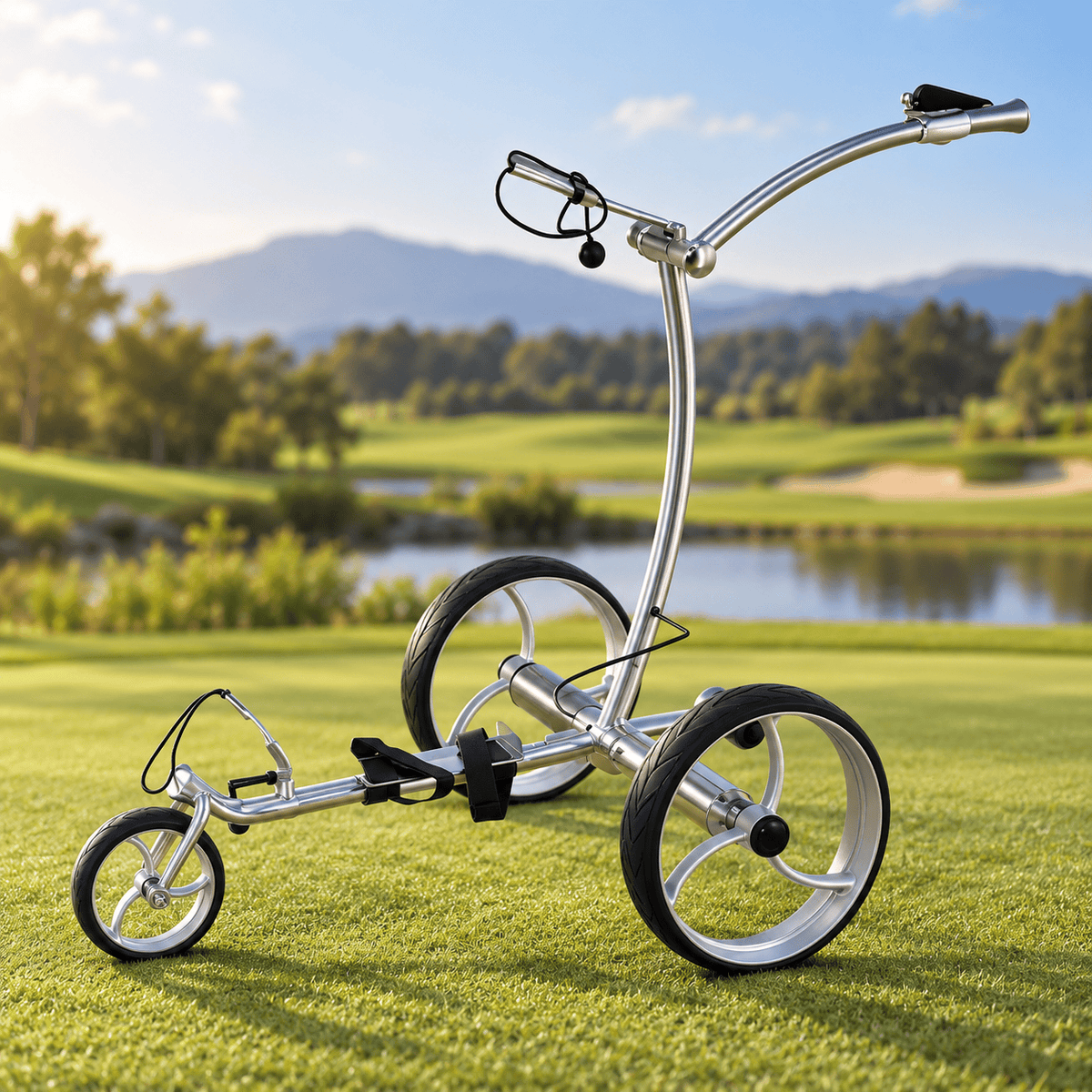 Elektrischer Golftrolley mit Fernbedienung auf dem Golfplatz
