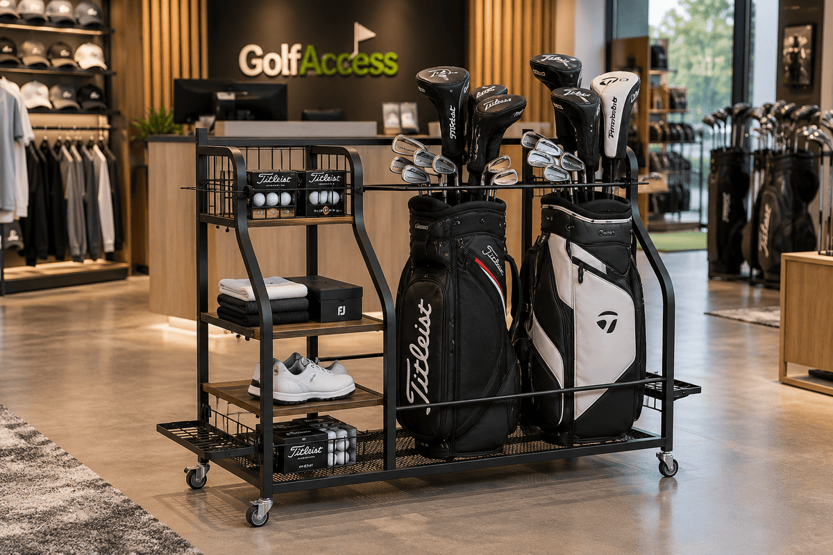 Golfbag Ständer mit zwei Golftaschen und Golfzubehör im Golfshop – mobiler Golfbag Organizer aus schwarzem Metall mit Ablagefächern