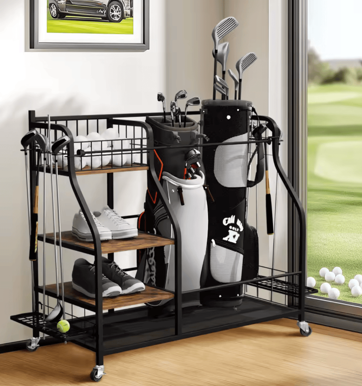 Golfbag Ständer mit Golftasche und Golfzubehör – praktische Aufbewahrung